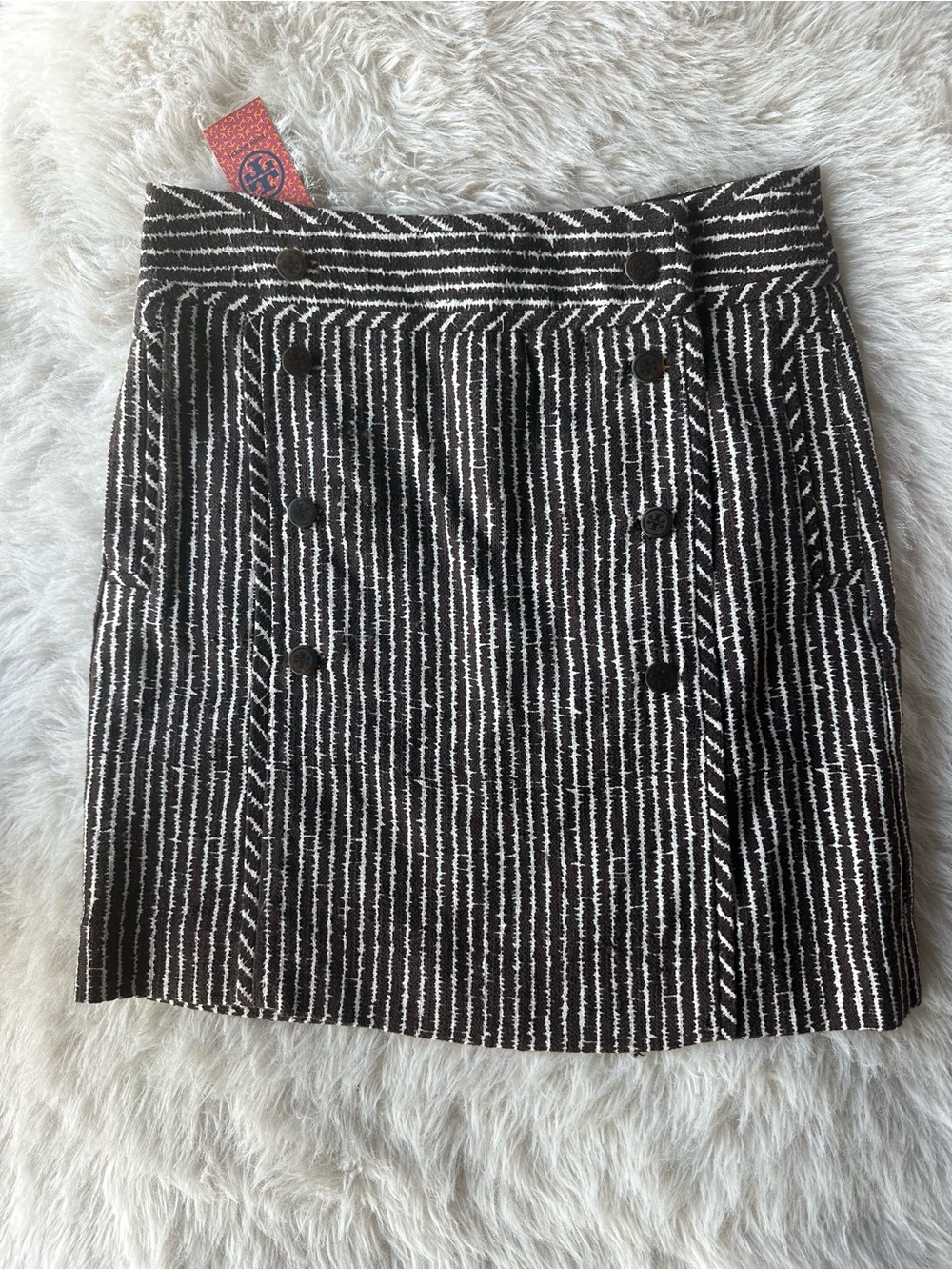 NWT Tory Burch Brown & White coconut zigzag Striped Button-Front Carlin Skirt 8